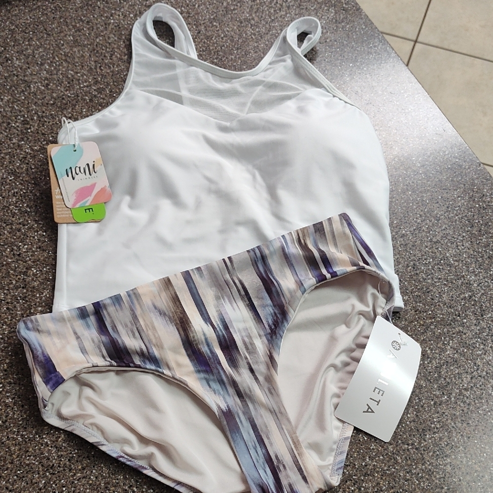 White Tank Top and Striped Bikini Bottom Set